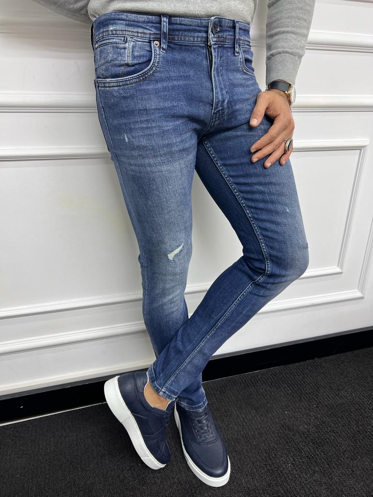 Blue Slim Fit Distress Jeans for Men by GentWith.com with Free Worldwide Shipping