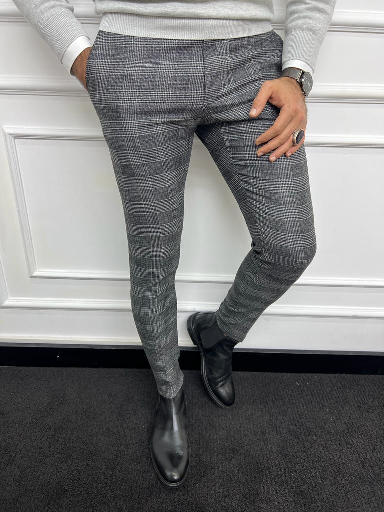 Dark Gray Slim Fit Plaid Wool Pants for Men by GentWith.com with Free Worldwide Shipping