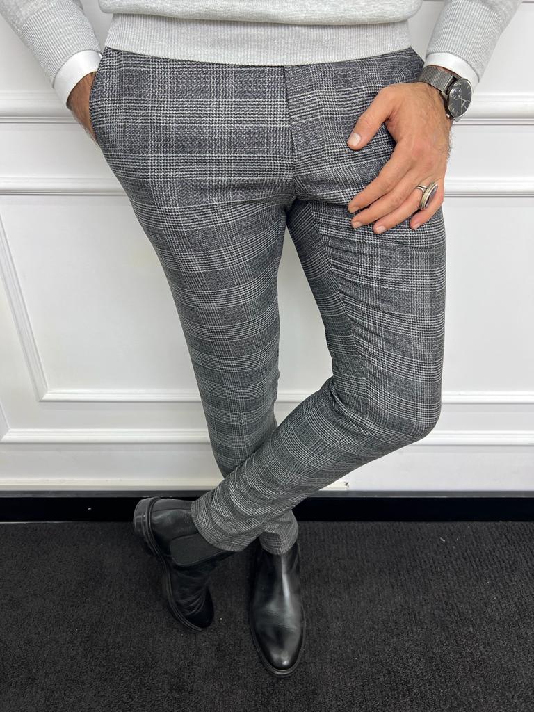 Gray Slim Fit Groom Wedding Check Pants for Men | GentWith