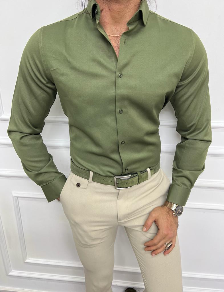 GentWith Sioux Green Slim Fit Long Sleeve Cotton Shirt 