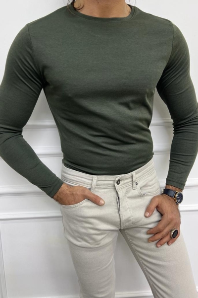 Khaki Slim Fit Round Neck Combed Sweater for Men by GentWith.com with Free Worldwide Shipping