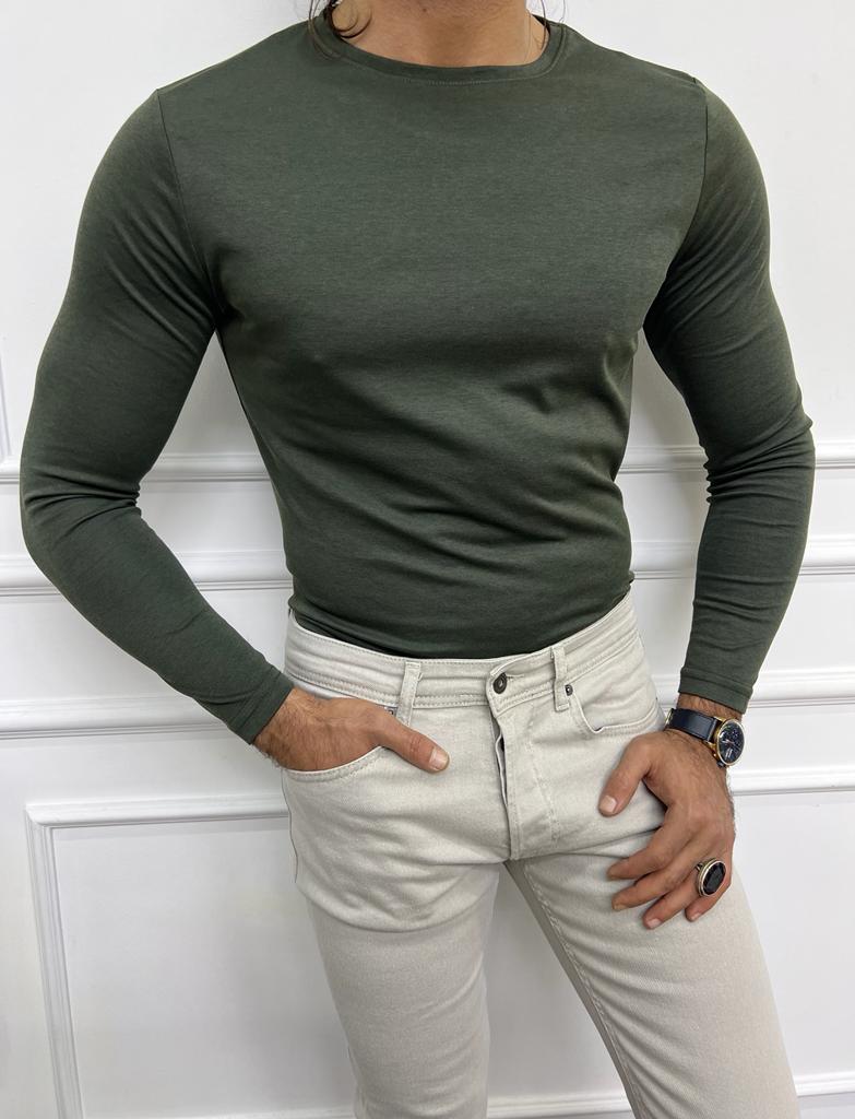 GentWith Sioux Khaki Slim Fit Round Neck Combed Sweater 