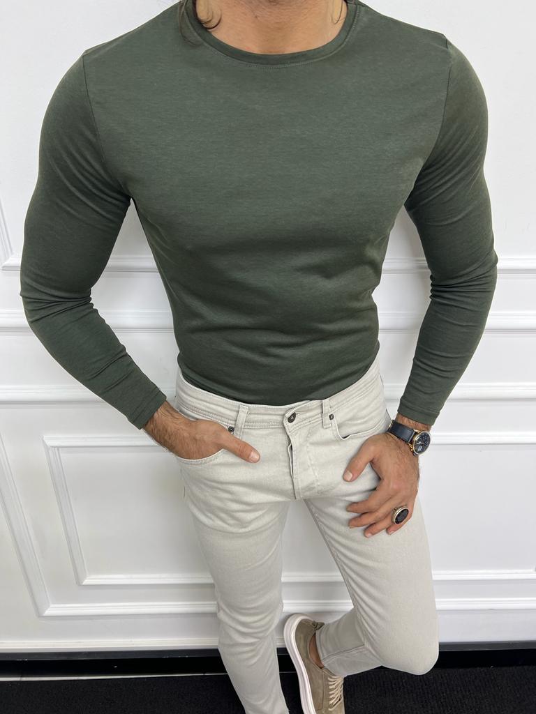 Khaki Slim Fit Round Neck Combed Sweater for Men by GentWith.com with Free Worldwide Shipping