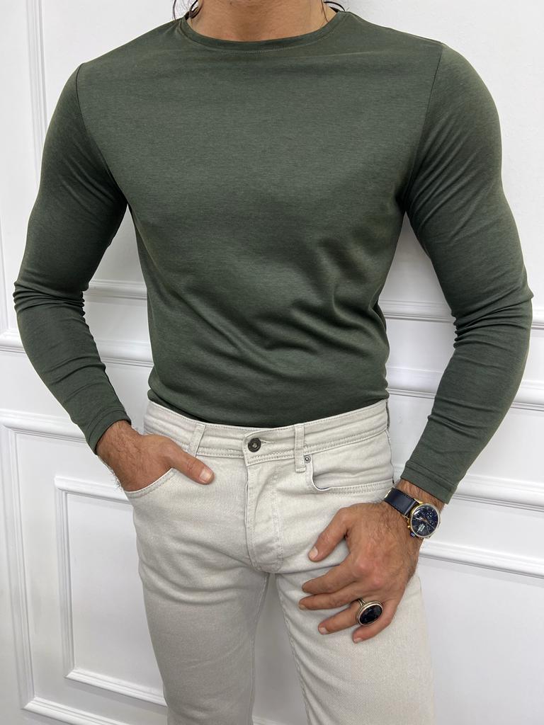 Khaki Slim Fit Round Neck Combed Sweater for Men by GentWith.com with Free Worldwide Shipping