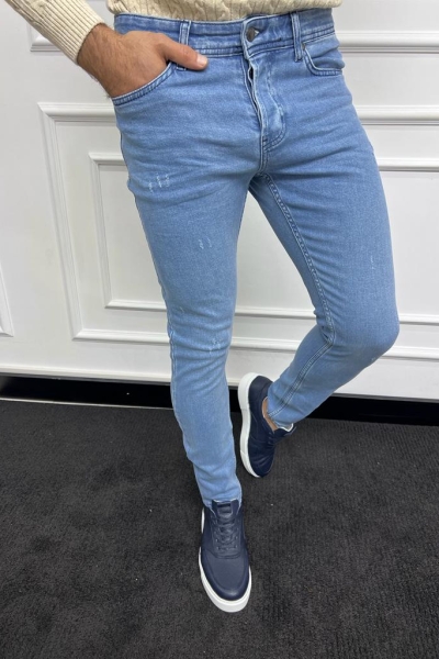 Light Blue Slim Fit Ripped Jeans for Men by GentWith.com with Free Worldwide Shipping