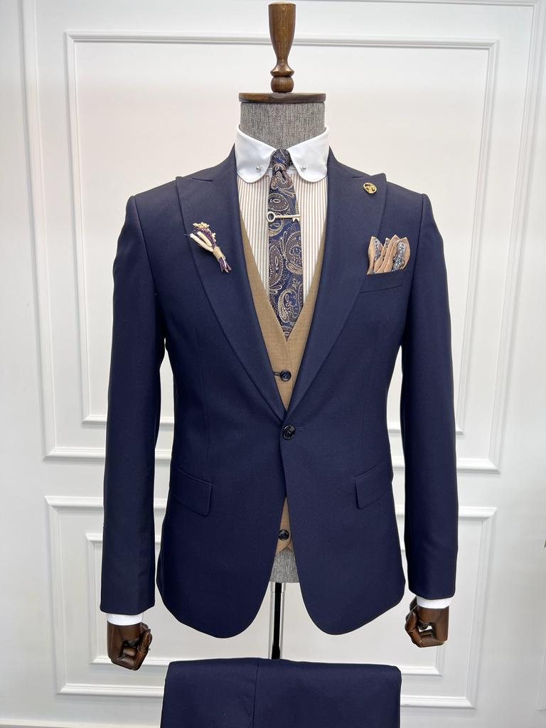 Navy Blue Slim Fit Peak Lapel Combination Suit by GentWith.com with Free Worldwide Shipping