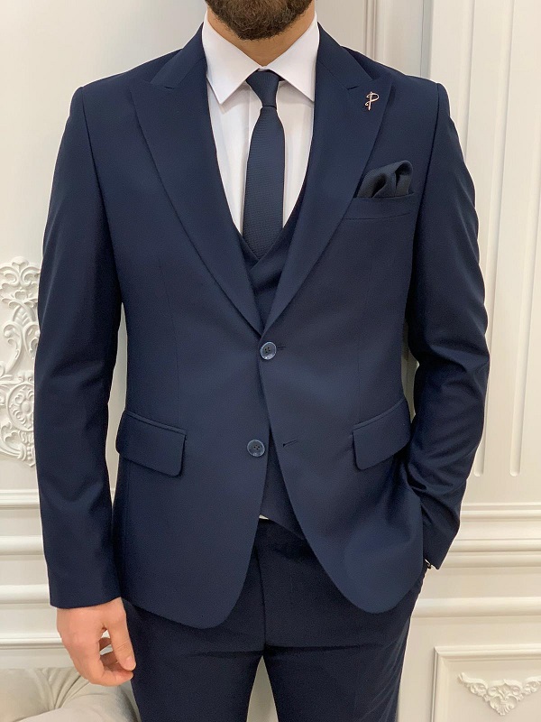 Colville Navy Blue Peak Lapel 3 Piece Combined Suit - Aysotiman