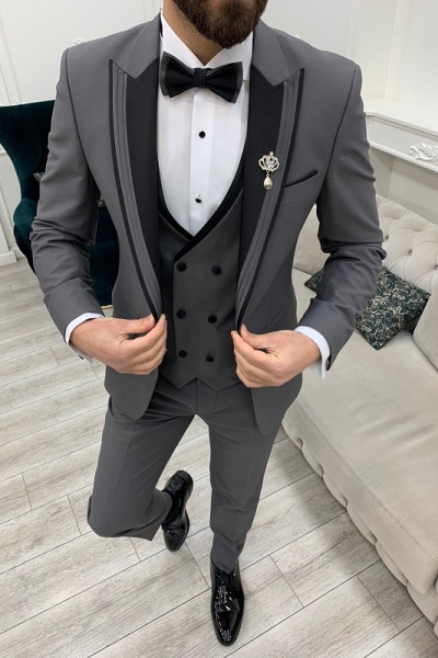 Gray Slim Fit Peak Lapel Tuxedo Wedding Suit for Men by GentWith.com with Free Worldwide Shipping