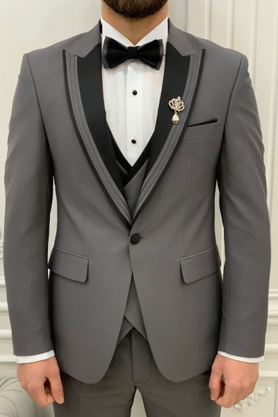 Gray Slim Fit Peak Lapel Tuxedo Wedding Suit for Men by GentWith.com with Free Worldwide Shipping