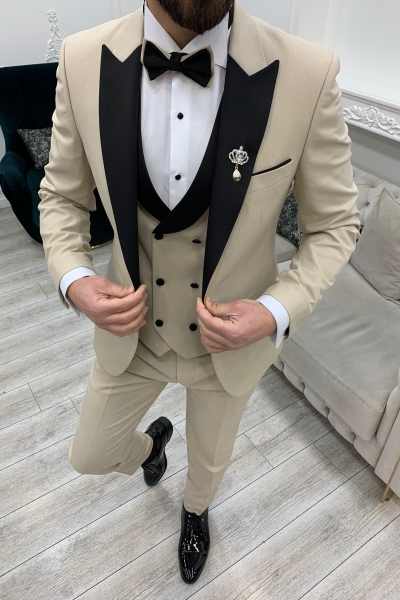 Beige Slim Fit Peak Lapel Tuxedo Wedding Suit for Men by GentWith.com with Free Worldwide Shipping