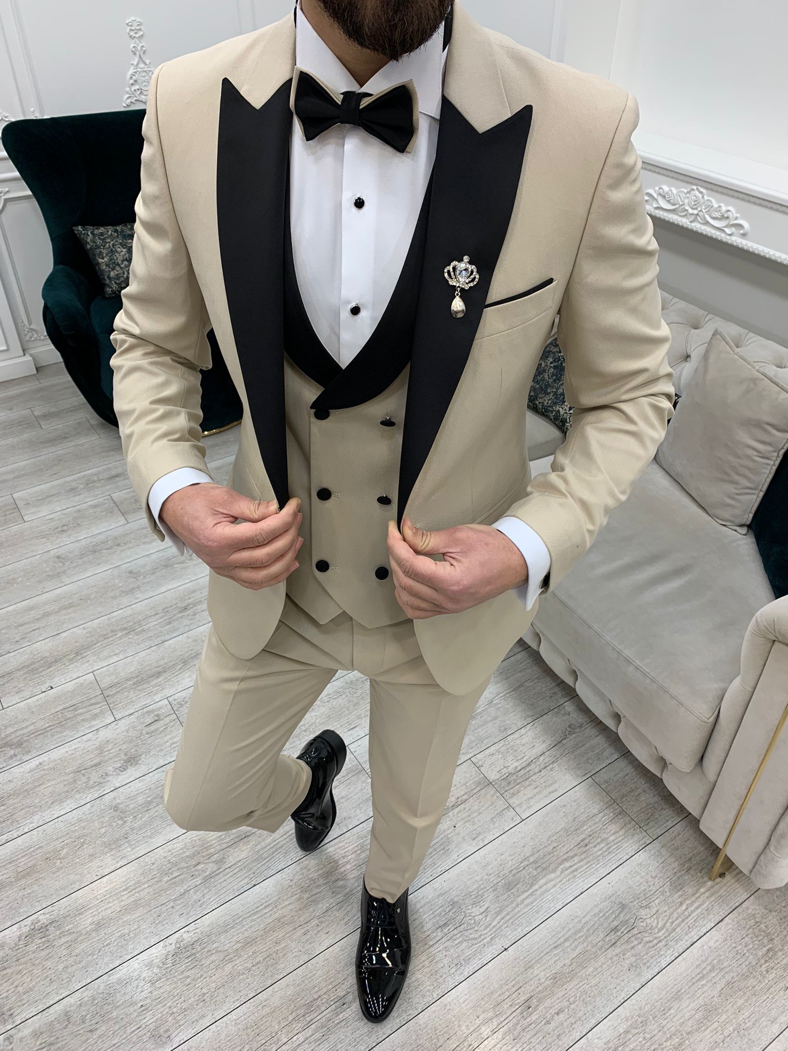 Beige Slim Fit Peak Lapel Tuxedo Wedding Suit for Men by GentWith.com with Free Worldwide Shipping