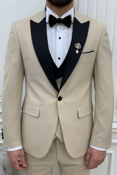 Beige Slim Fit Velvet Peak Lapel Tuxedo Wedding Suit for Men by GentWith.com with Free Worldwide Shipping