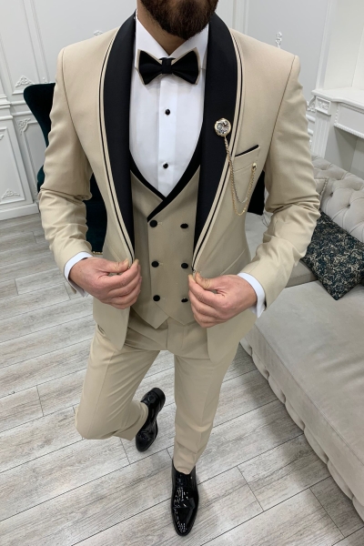 Beige Slim Fit Shawl Lapel Tuxedo Wedding Suit for Men by GentWith.com with Free Worldwide Shipping