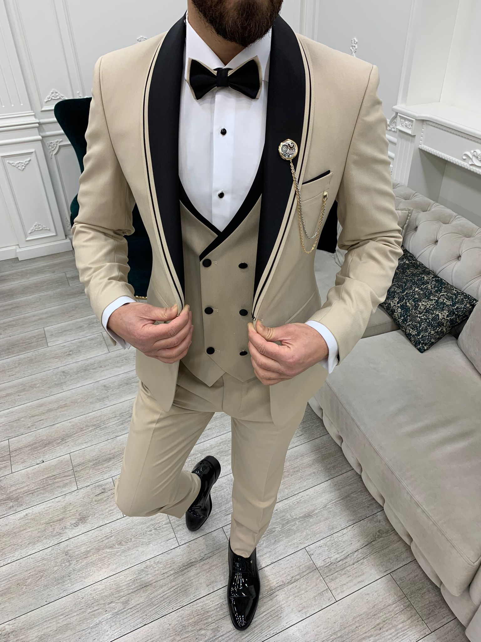 Beige Slim Fit Shawl Lapel Tuxedo Wedding Suit for Men by GentWith.com with Free Worldwide Shipping