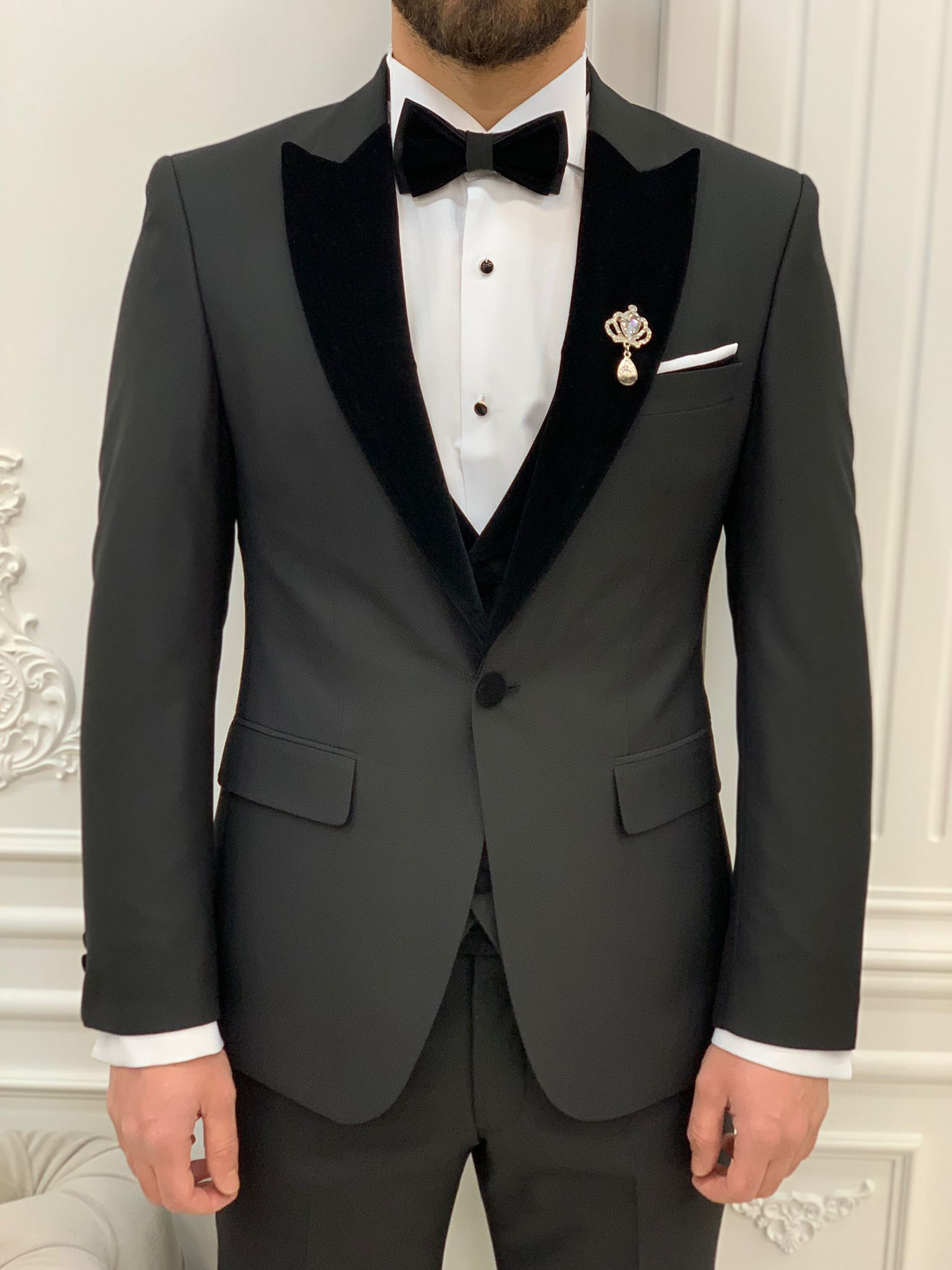 Black Slim Fit Velvet Peak Lapel Tuxedo Wedding Suit for Men by GentWith.com with Free Worldwide Shipping