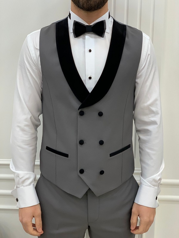 Gray Slim Fit Velvet Satin Shawl Lapel Tuxedo Wedding Suit for Men by GentWith.com with Free Worldwide Shipping