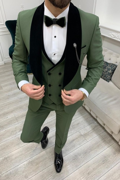 Light Green Slim Fit Velvet Shawl Lapel Tuxedo