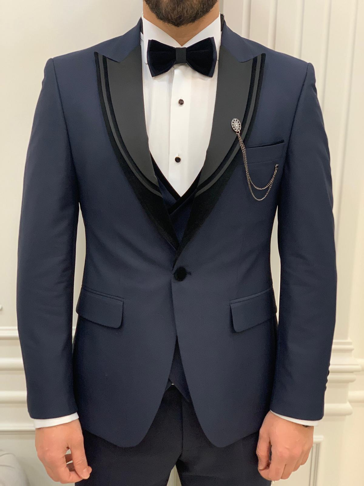 Slim Fit Velvet Suit Pants - Navy blue - Men