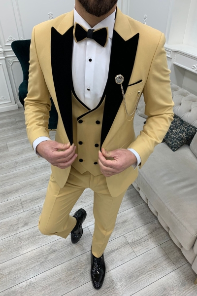 Yellow Slim Fit Velvet Peak Lapel Tuxedo Wedding Suit for Men by GentWith.com with Free Worldwide Shipping