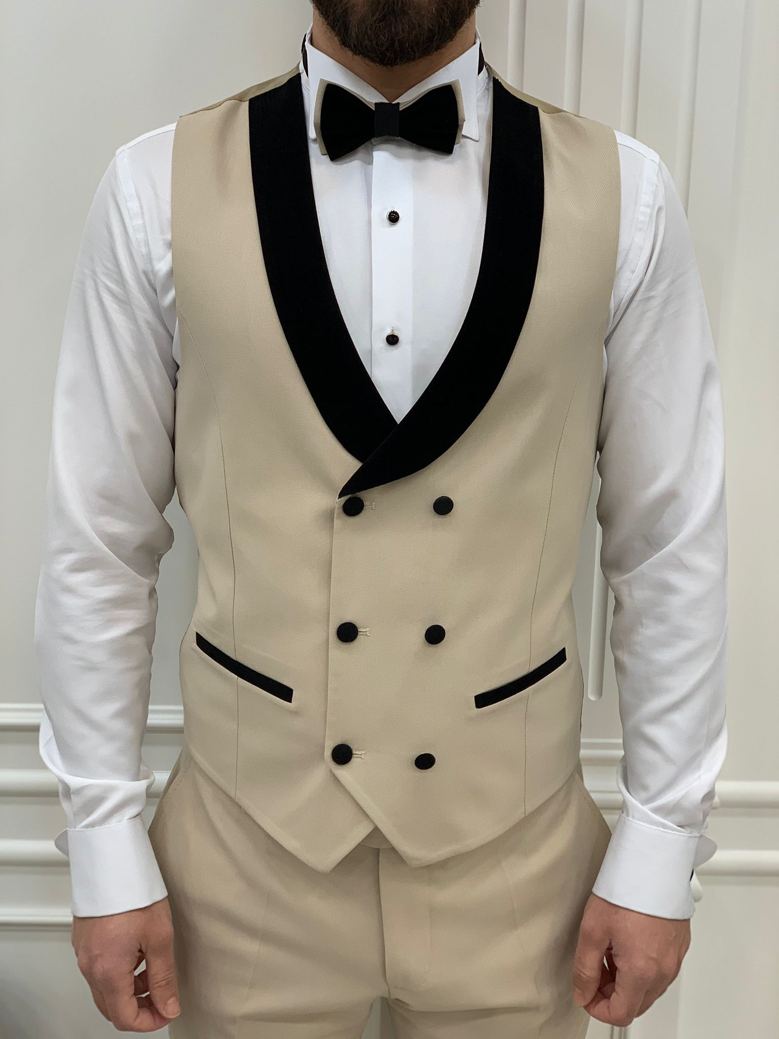 Beige Slim Fit Velvet Peak Lapel Tuxedo Wedding Suit for Men by GentWith.com with Free Worldwide Shipping