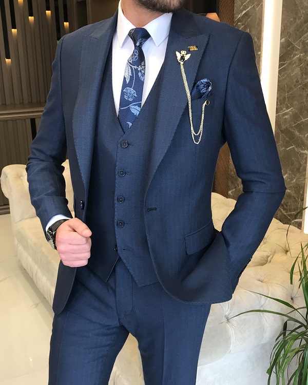 GentWith New Haven Navy Blue Slim Fit 3 Piece Peak Lapel Patterned Suit -  GENT WITH