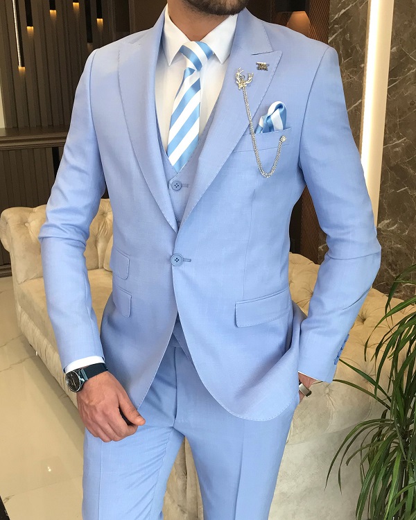 GentWith New Haven Sky Blue Slim Fit 3 Piece Peak Lapel Suit - GENT WITH