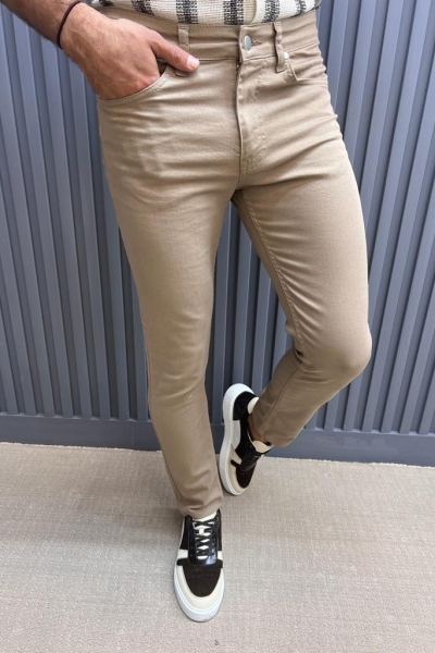 Beige Slim Fit Cotton Pants for Men by GentWith.com with Free Worldwide Shipping