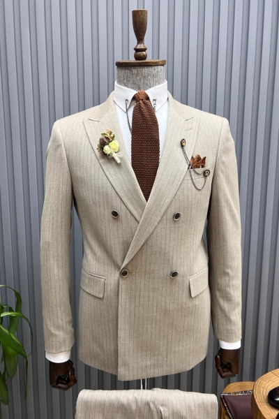 Beige Slim Fit Double Breasted Pinstripe Suit for Men by GentWith.com with Free Worldwide Shipping