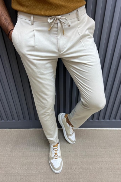 Beige Slim Fit Linen Pants for Men by GentWith.com with Free Worldwide Shipping