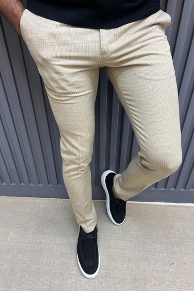 Beige Slim Fit Plaid Cotton Pants for Men by GentWith.com with Free Worldwide Shipping