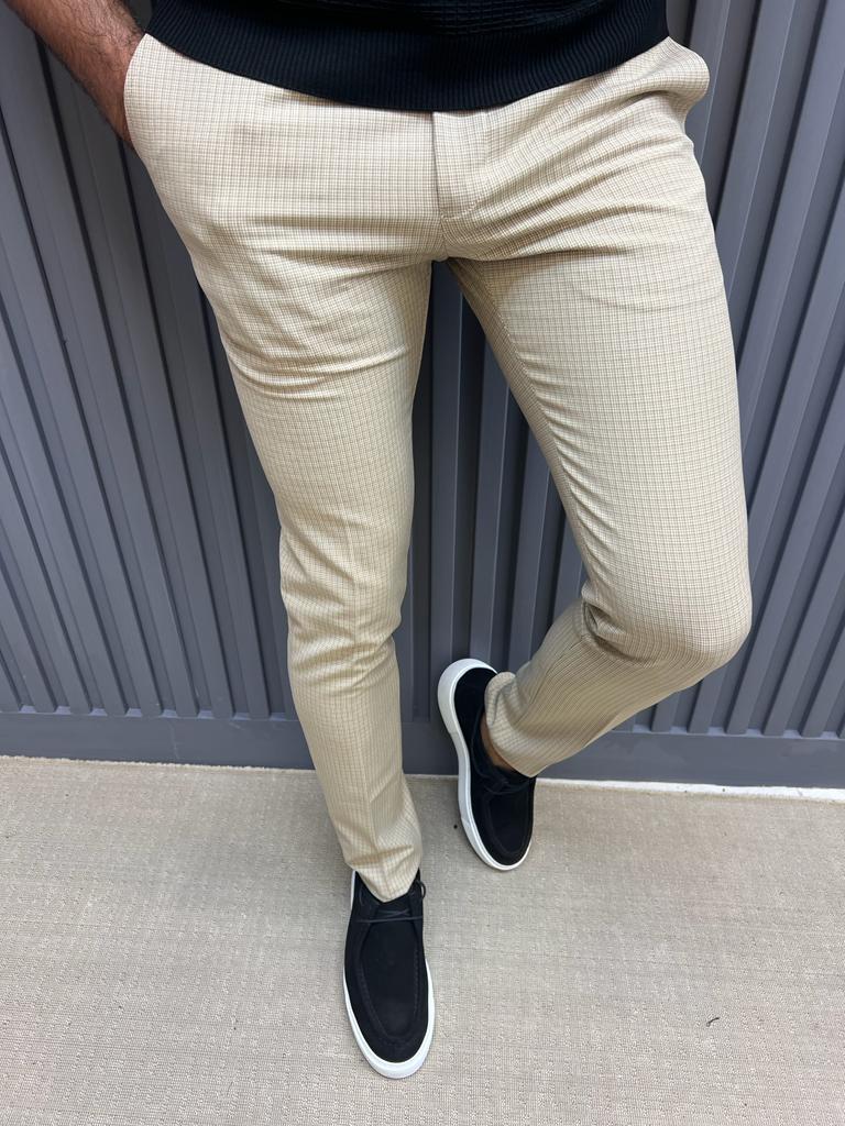 Beige Slim Fit Plaid Cotton Pants for Men by GentWith.com with Free Worldwide Shipping