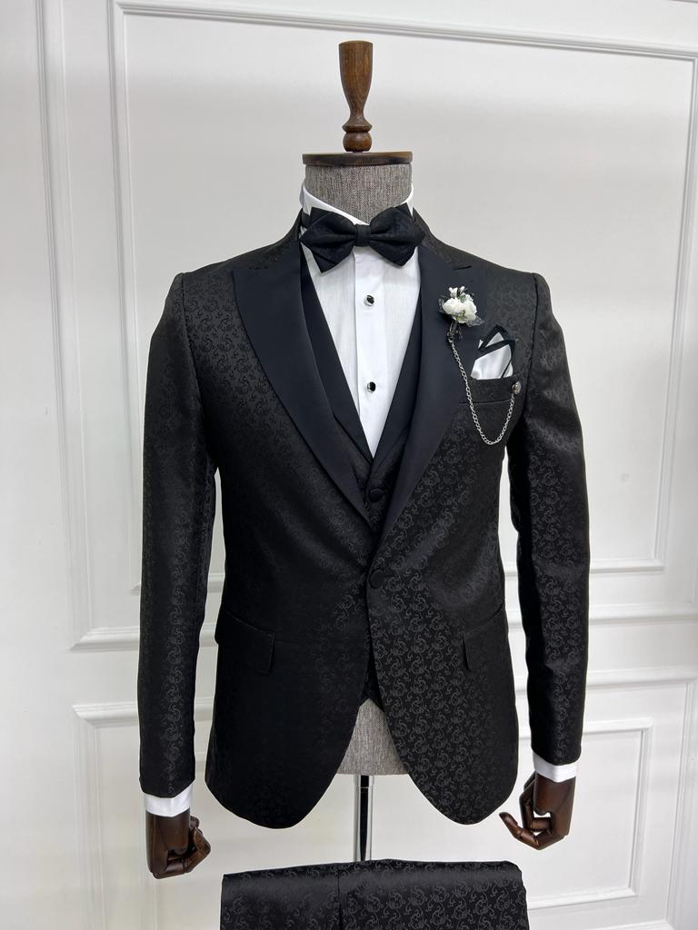 Black Slim Fit Floral Peak Lapel Tuxedo Wedding Suit for Men by GentWith.com with Free Worldwide Shipping