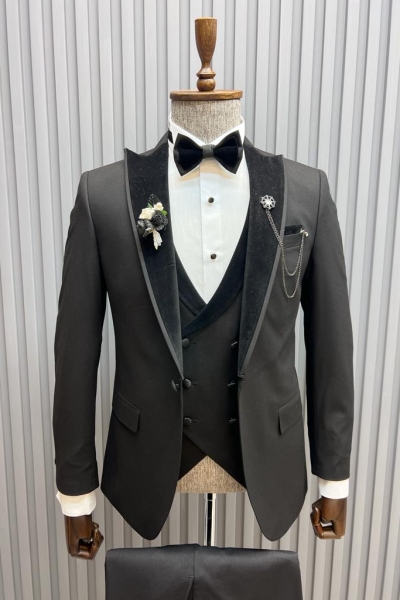 Black Slim Fit Velvet Peak Lapel Tuxedo Wedding Suit for Men by GentWith.com with Free Worldwide Shipping