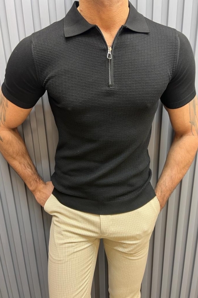 Black Slim Fit Zipper Polo T-Shirt for Men by GentWith.com with Free Worldwide Shipping