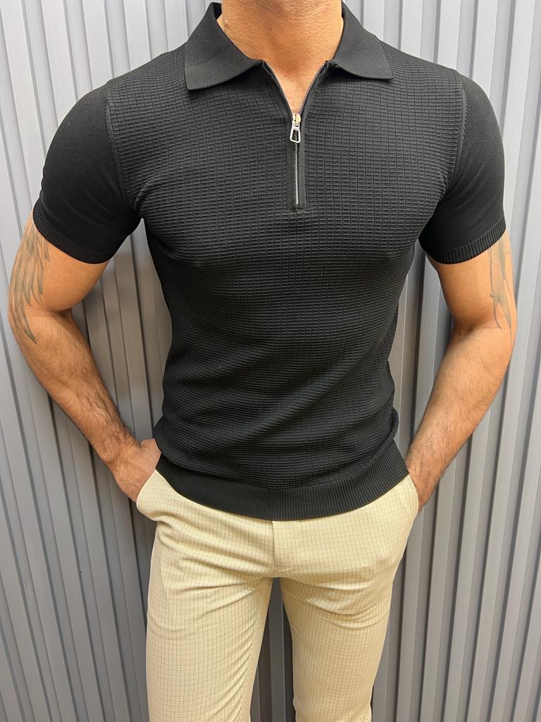 Black Slim Fit Zipper Polo T-Shirt for Men by GentWith.com with Free Worldwide Shipping