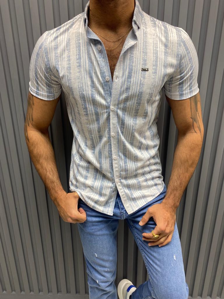 Blue Slim Fit Short Sleeve Striped Shirt for Men by GentWith.com with Free Worldwide Shipping
