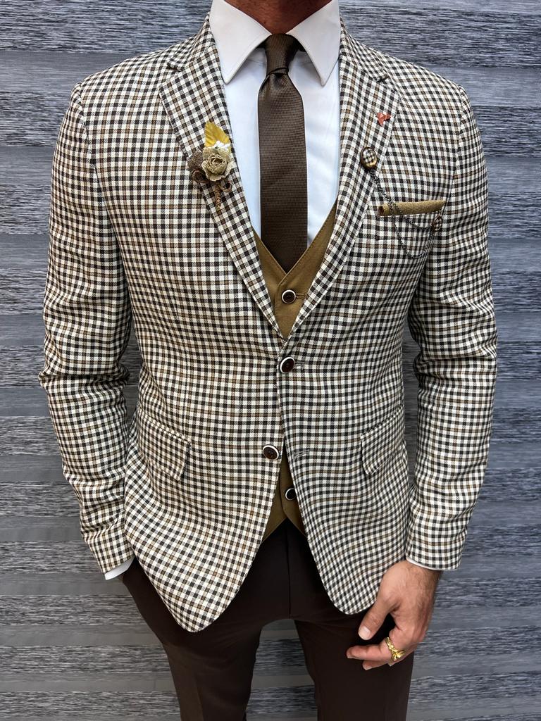 Brown Slim Fit Notch Lapel Plaid Suit for Men by GentWith.com with Free Worldwide Shipping