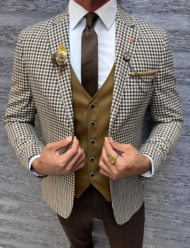 Brown Slim Fit Notch Lapel Plaid Suit for Men by GentWith.com with Free Worldwide Shipping