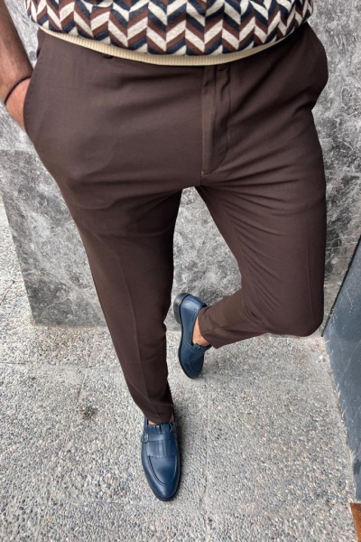 Dark Brown Slim Fit Pants for Men by GentWith.com with Free Worldwide Shipping