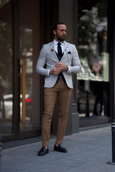 Gray Slim Fit Notch Lapel Plaid Blazer Jacket for Men by GentWith.com with Free Worldwide Shipping