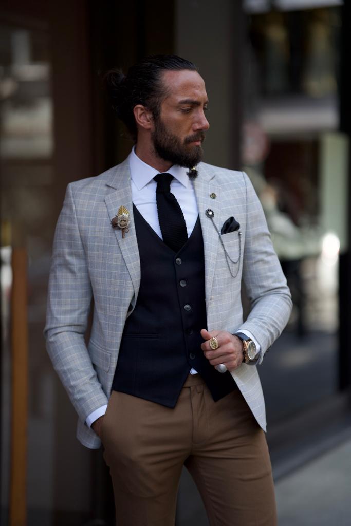 Gray Slim Fit Plaid Blazer Jacket for Men | GentWith