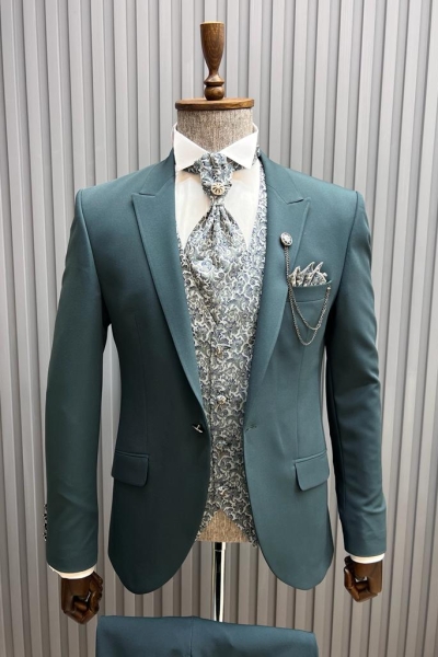 Green Slim Fit Floral Peak Lapel Groom Suit for Men by GentWith.com with Free Worldwide Shipping