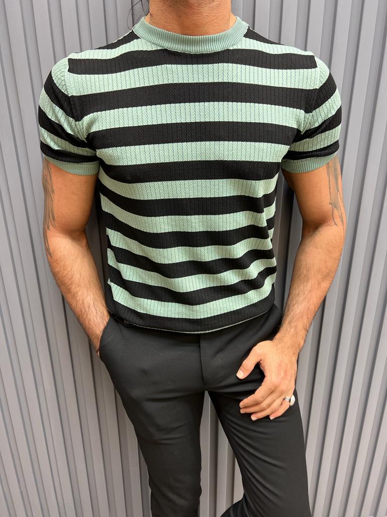 Mint Green Slim Fit Crewneck Striped T-Shirt for Men by GentWith.com with Free Worldwide Shipping