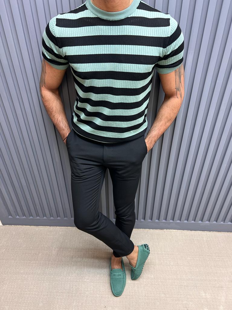 Mint Green Slim Fit Crewneck Striped T-Shirt for Men by GentWith.com with Free Worldwide Shipping