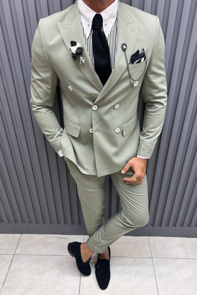 Mint Slim Fit Pinstripe Double Breasted Cotton Suit for Men by GentWith.com with Free Worldwide Shipping