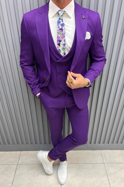 Purple Slim Fit Peak Lapel Suit for Men by GentWith.com with Free Worldwide Shipping