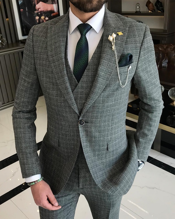 GentWith Bristol Green Slim Fit 3 Piece Peak Lapel Plaid Suit - GENT WITH