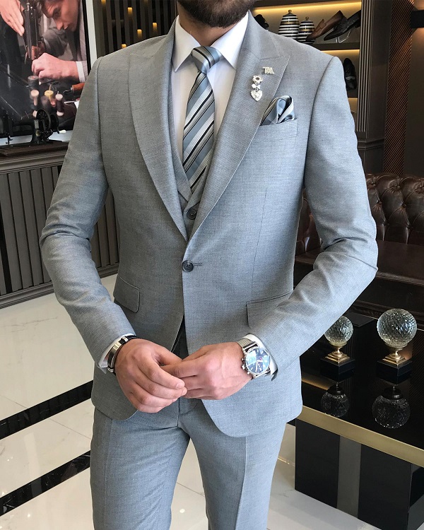 GentWith Bristol Gray Slim Fit 3 Piece Peak Lapel Suit - GENT WITH