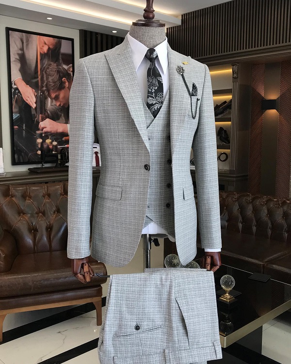 GentWith Bristol Light Gray Slim Fit 3 Piece Peak Lapel Plaid Suit ...