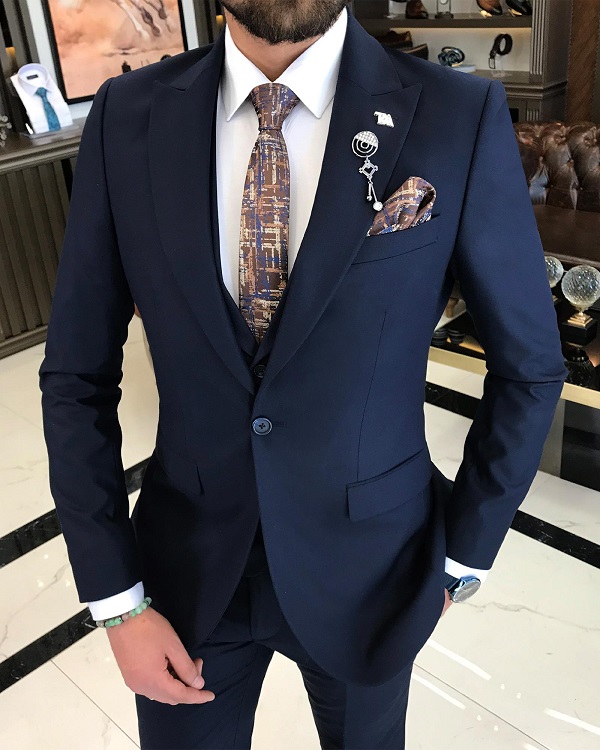 GentWith Bristol Navy Blue Slim Fit 3 Piece Peak Lapel Suit - GENT WITH